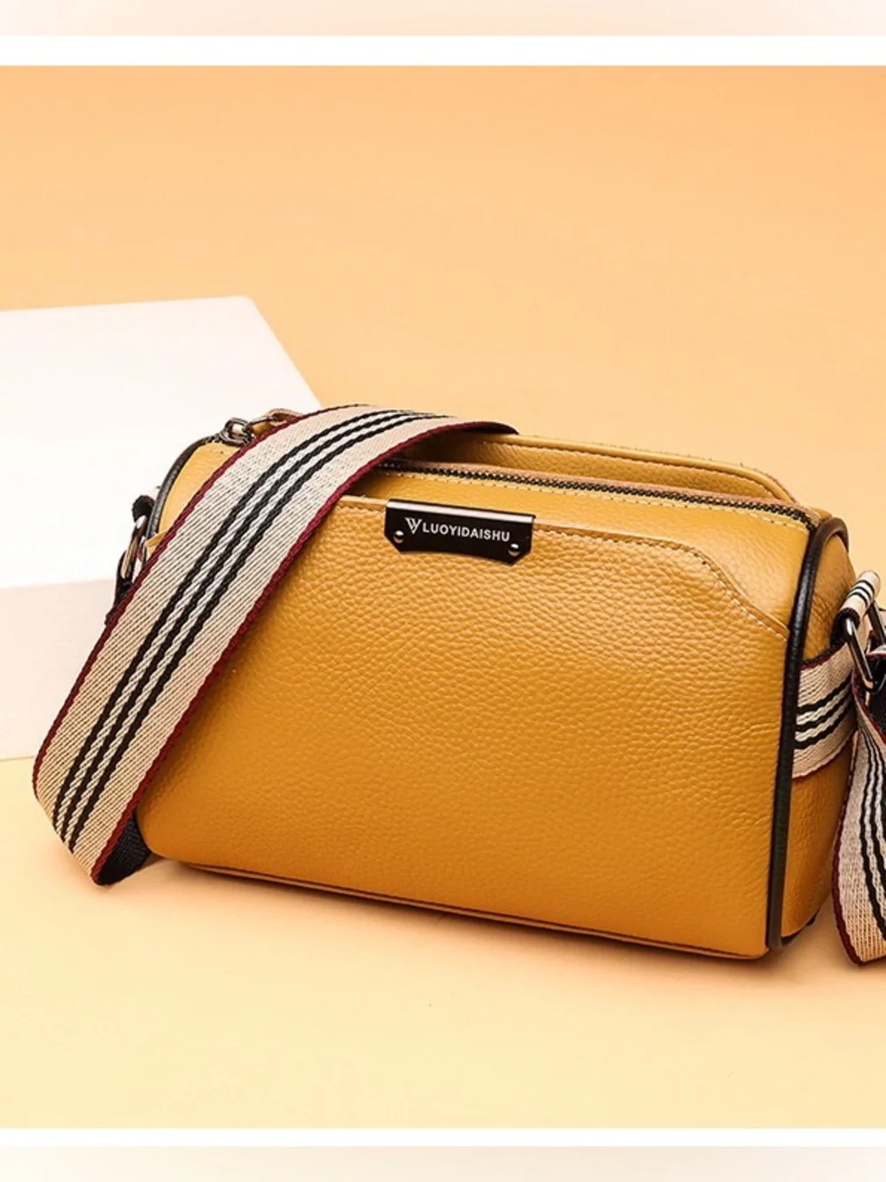 Genuine Leather Mustard Crossbody Bag with Striped Detachable Strap